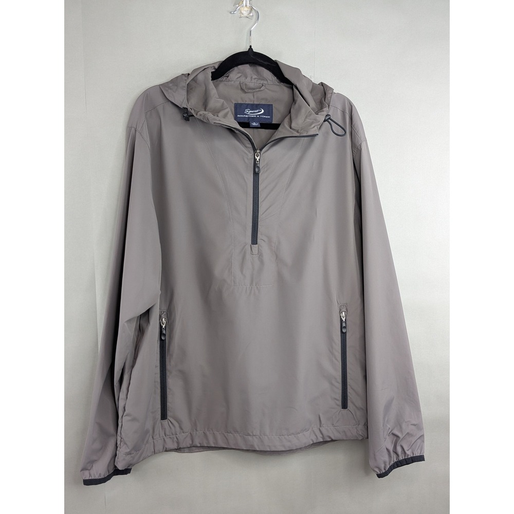 Roundtree & Yorke Mens Windbreaker L‎ Taupe Quarter Zip Hooded Rain Jacket Sport